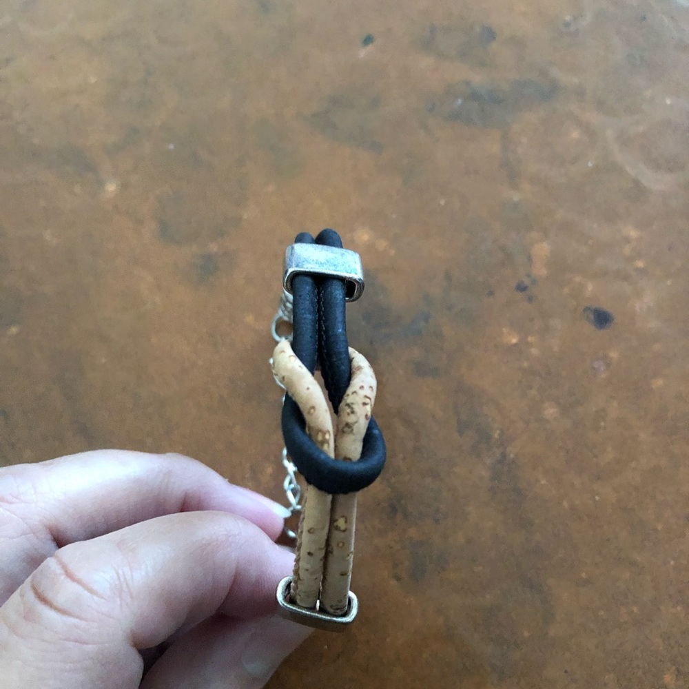 Cork black leather silver clasp bracelet